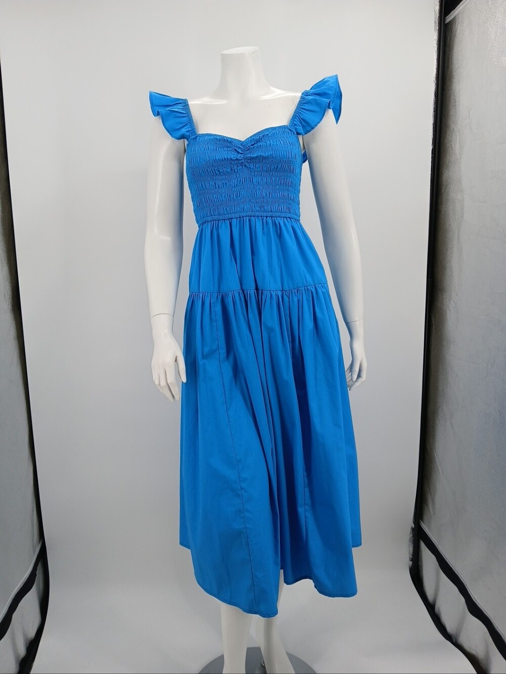 Abercrombie & Fitch Blue Smocked Ruffle Strap Midi Dress Size S Pockets